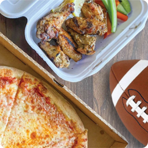 pizza, wings, and football