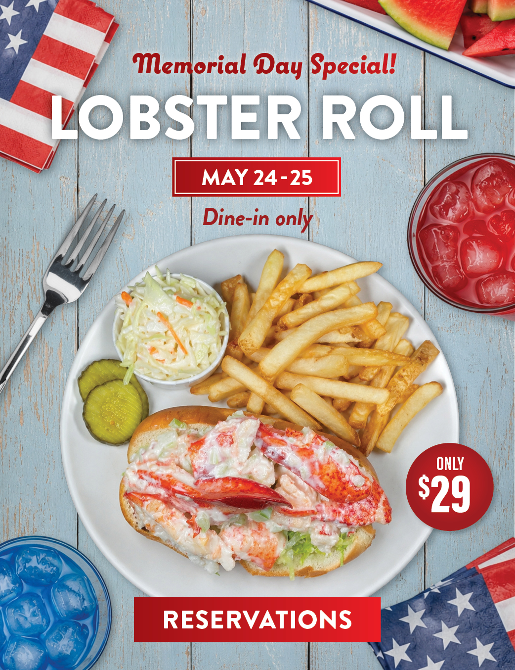 Memorial Day Special: LOBSTER ROLL. May 24-25. Dine-in only. RESERVATIONS